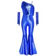 thumbnail image 4 of TiaoBug Kids Girls' Metallic Bell Bottom Jumpsuit Sleeveless One Shoulder One Piece Dance Outfits with Gloves Royal Blue 14, 4 of 6