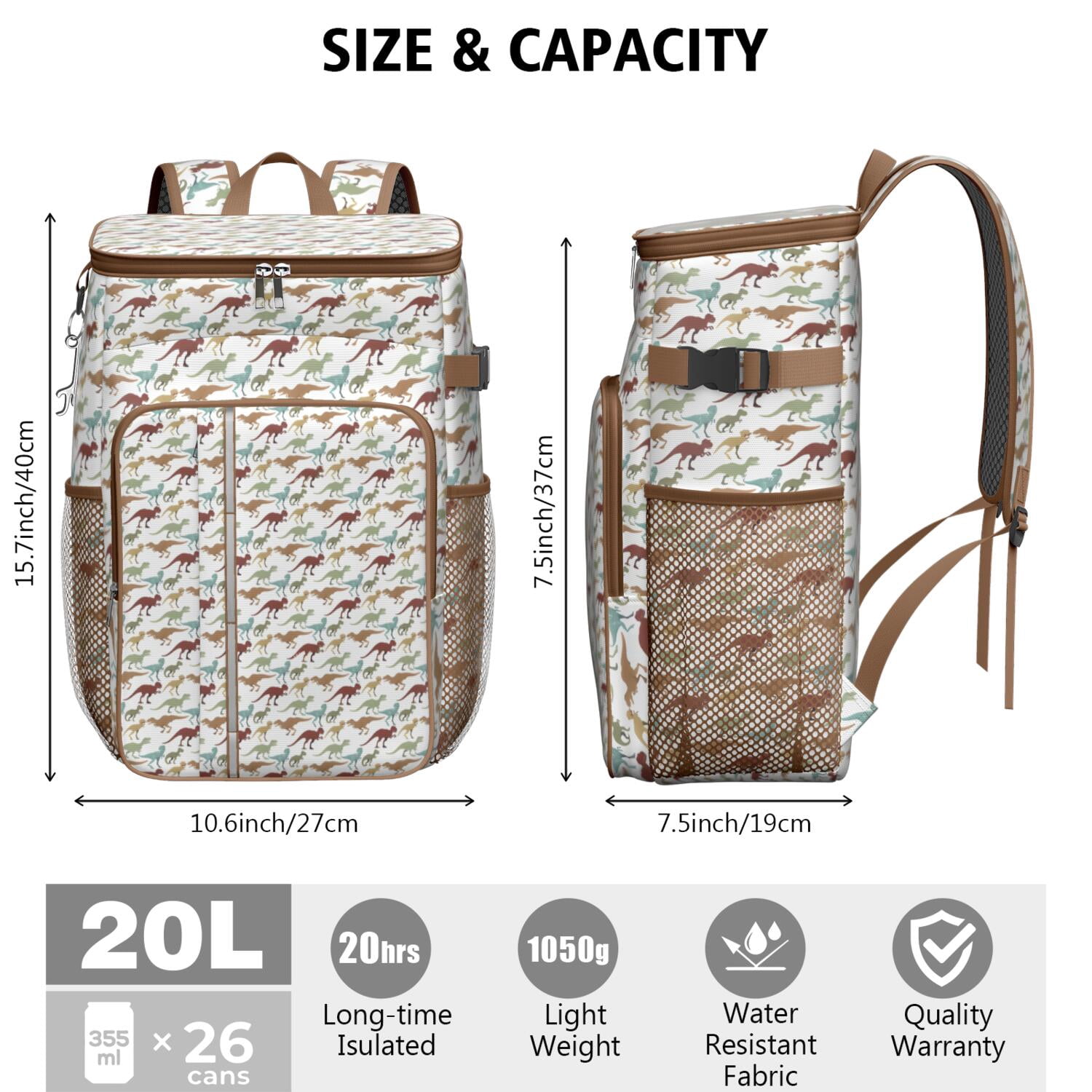 Travel Cooler Bag - White Cartoon Colorful Dinosaurs Pattern Camping Beer Cooler Backpack with Bottle Opener- Waterproof Insulated Picnic Backpacks - Cooler Bag for Beach