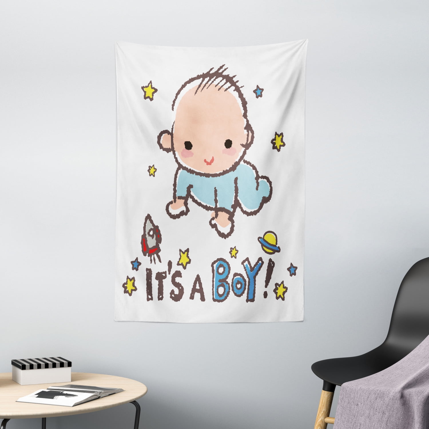 Gender Reveal Decorations Tapestry, Little Baby Boy Smiling with Stars