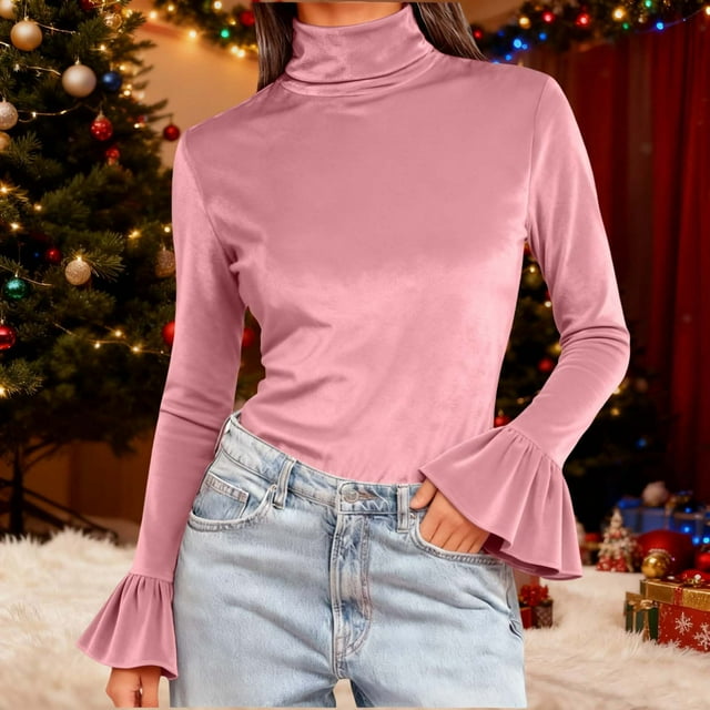 Karight Womens Velvet Shirts Slim Fit Casual Long Ruffle Sleeve Tops Mock Neck Dressy Blouses Cocktail Party Tunic