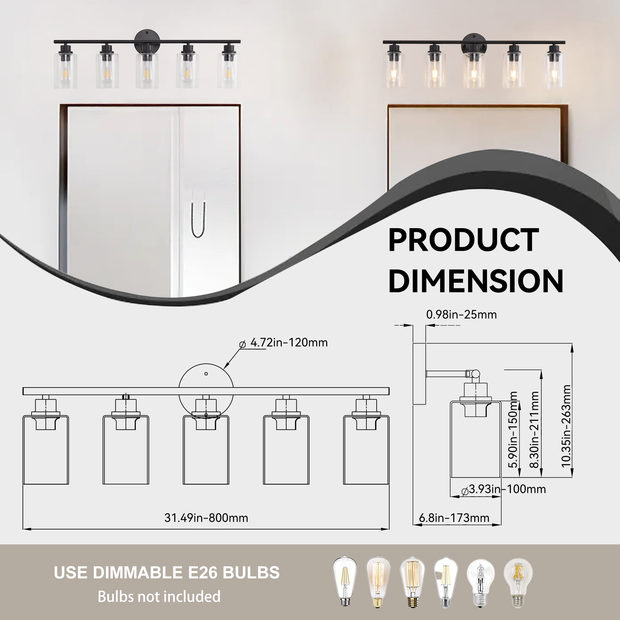 5-Light Modern Vanity Light with Clear Glass Shade - Dimmable Bathroom Black Wall Lamp for Mirror, Kitchen, Hallway