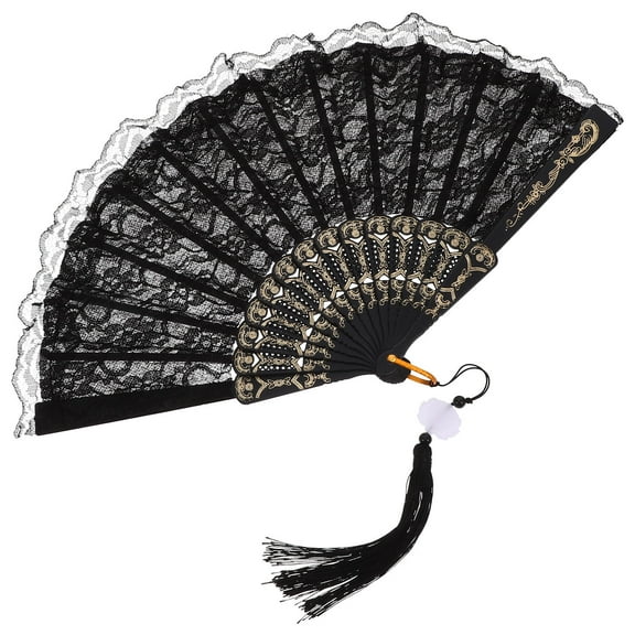 IBASETOY Decorative Black Folding Fan Vintage Style Handheld Fan with Tassel for Performance