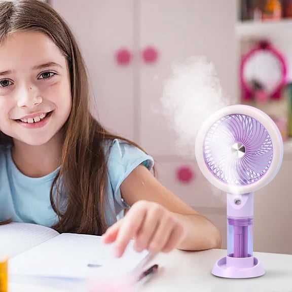 ROLKFUK Portable Handheld Misting Fan With Light, USB Rechargeable Personal Cooling Fan 3 Speeds 90° Tilt, Mini Travel Fan For Outdoor Camping Beach Office Desk, Purple
