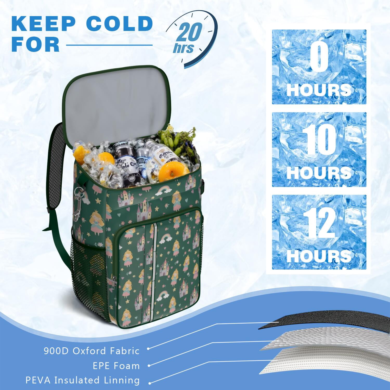 Travel Cooler Bag - Green Princess Castle Pattern Camping Beer Cooler Backpack with Bottle Opener- Waterproof Insulated Picnic Backpacks - Cooler Bag for Beach