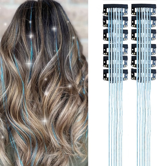Jkkant 12-Pc Rainbow Glitter Hair Extensions, 20.5 Inch Clip In Kit for Christmas, Halloween & Party