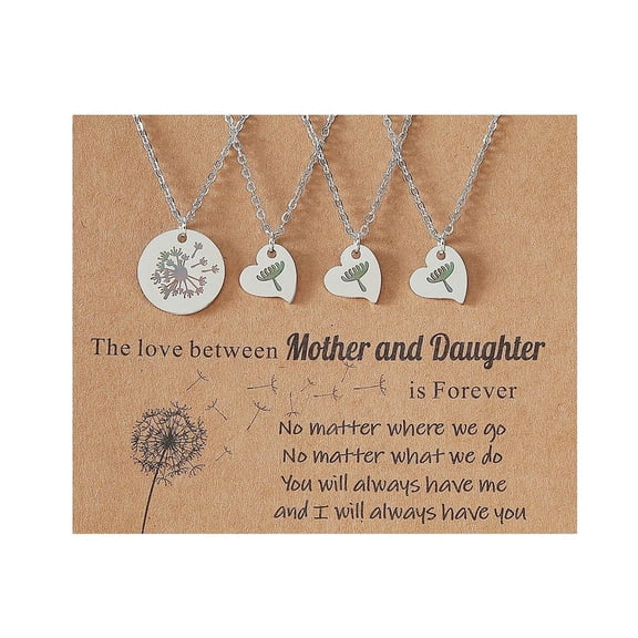 Mother and Daughter 304 Stainless Steel Dandelion Flat Round Heart Pendant Necklaces for Women Platinum 17.72 inch(45cm) 4pcs/set