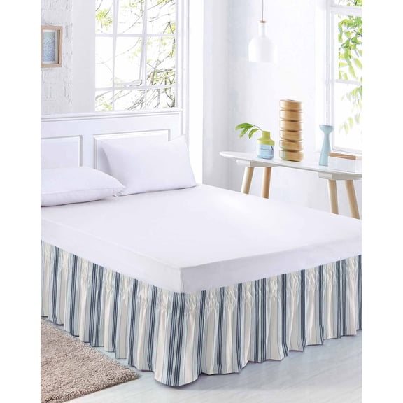 Vintage Stripes Bed Skirt King Size 18 Inch Drop, Navy Light Blue Striped Retro Lines Adjustable Elastic Dust Ruffles Bedskirt for King Bed Wrap Around Pleated Mattress Frame Cover