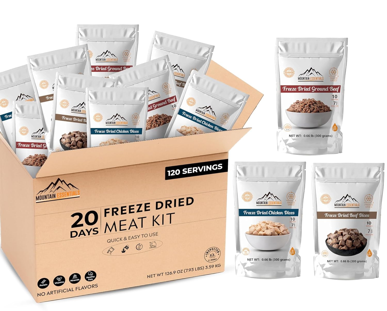 MOUNTAIN ESSENTIALS 120 Servings Freeze Dried Premium Variety Meat Kit | High Protein Intake Contains 2988 Protein Packed Emergency Long Shelf Stable Easy Prep Food For Survival, Camping & Backpacking