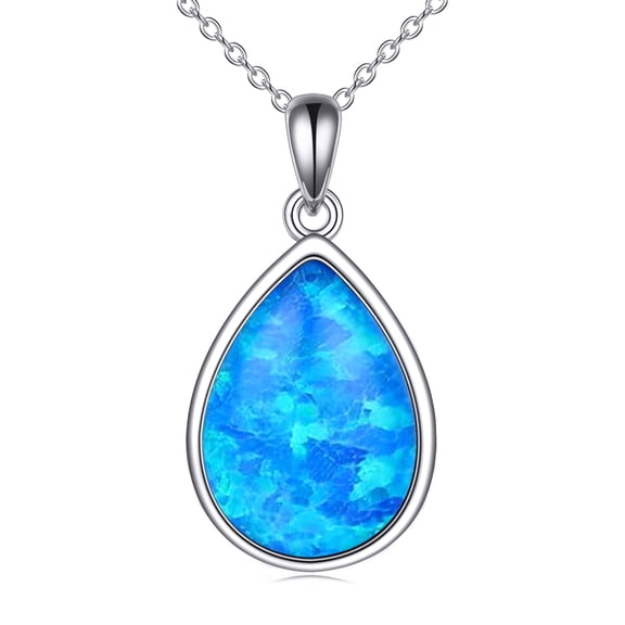 Blue Opal Necklace for Women Sterling Silver Teardrop Pendant Necklace Opal Jewelry