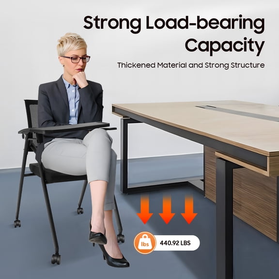 Set of 2 Conference Room Chairs with Wheels and Tablet Black Mesh Reception Chairs with Foldable Desk