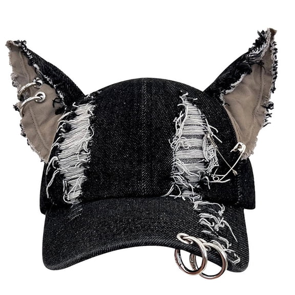 Halloween Dress Up Baseball Cap BWASD Fashion Wolf Ears Distressed Denim Baseball Cap with Ring Adjustable Size Dad Hat Halloween Party Outfit ,Black
