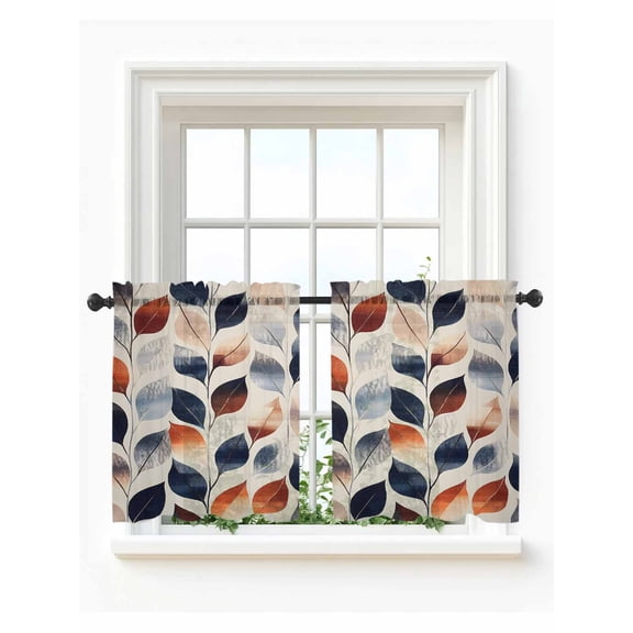 Navy Blue Burnt Orange Botanical Tier Curtains 36 Inch Length,Sheer Curtains for Bedroom Living Room Window Vintage Leaves Rod Pocket Drapes Kitchen Curtains Small Half Window 27.5"x36" 2 Panels