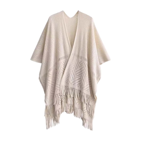 Elegant Knitted Long Shawl Cape with Tassel Detail for Women Plus Size Outerwear All Season Versatile Fashion Wear