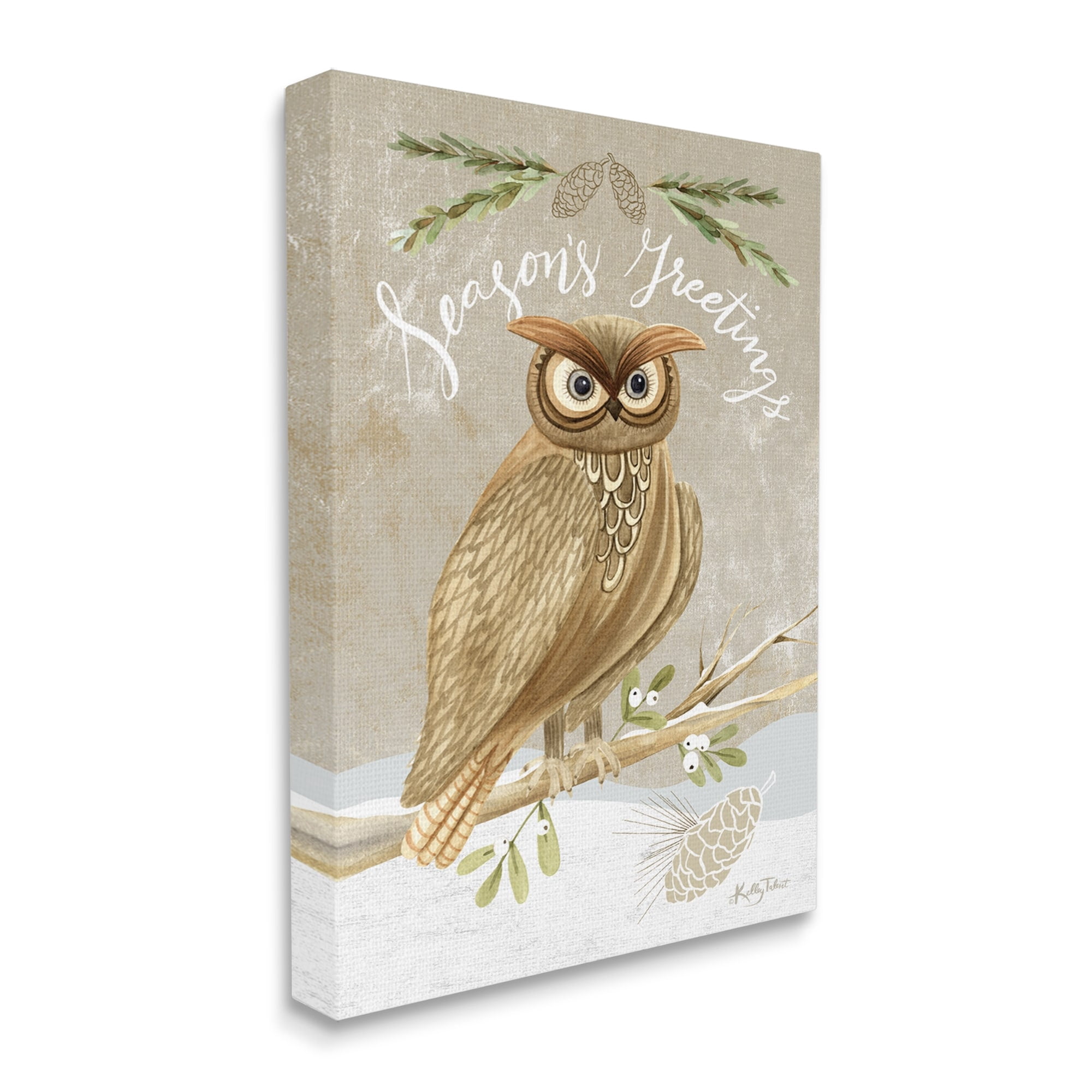 Season's Greetings Winter Snowscape Owl Perched Pinecones Animals & Insects Graphic Art Gallery-Wrapped Canvas Print Wall Art