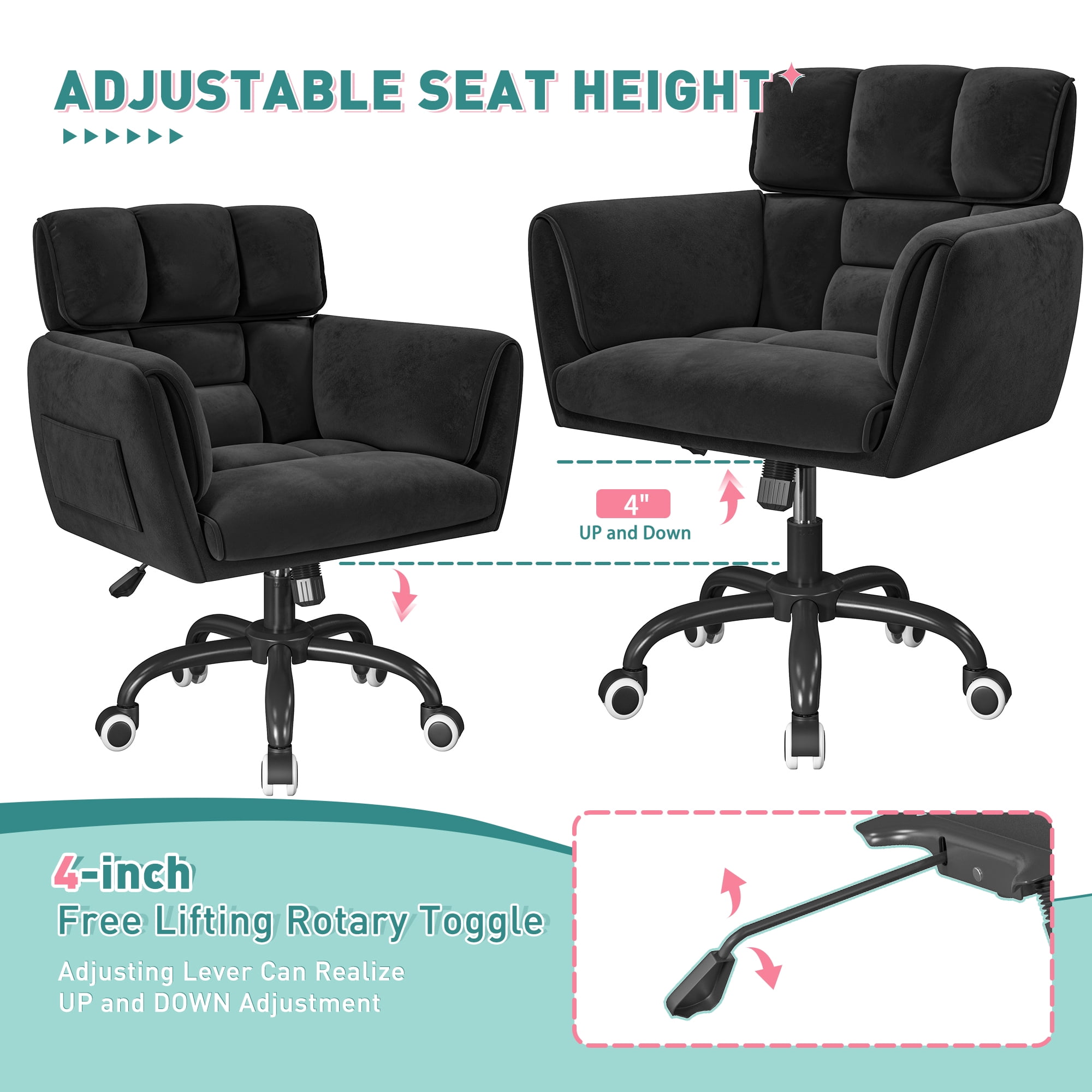 Romorgniz Adjustable Office Chair with Wheels, Soft-Touch Upholstered Desk Chair with Side Pockets, Ergonomic Vanity Chair for Bedroom, Home Office, Black