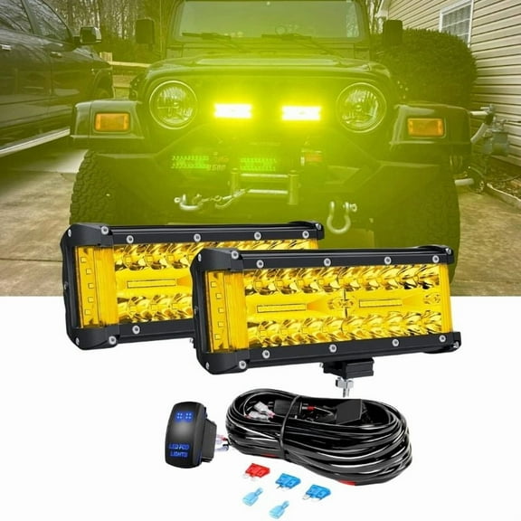 7 Inch LED Light Bar Kit 2Pcs Yellow LED Pod Lights Triple Rows Spot Flood Combo Beam Waterproof Off Road Lights with 5Pin Rocker Switch Wiring Harness Kit for Truck Boat ATV SUV UTV