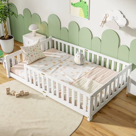 Sesslife Twin Montessori Floor Bed, Twin Size Floor Bed with Fence Without Door, Toddler Bed with Salts, Safety Guardrails, No Box Spring Needed, Twin Bed for Kids Girls, Boys, White