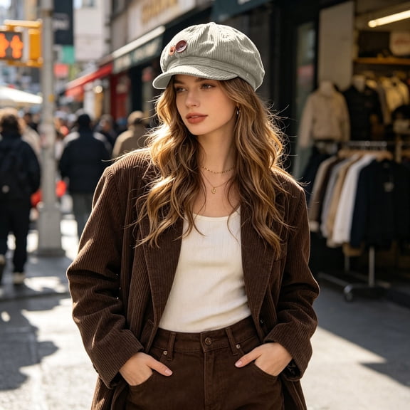 Kmonabie Winter Corduroy Octagonal Hat, Vintage Wood Button Newsboy Cap Painter Beret, Adjustable Soft Casual Headwear for Daily Wear, Beige