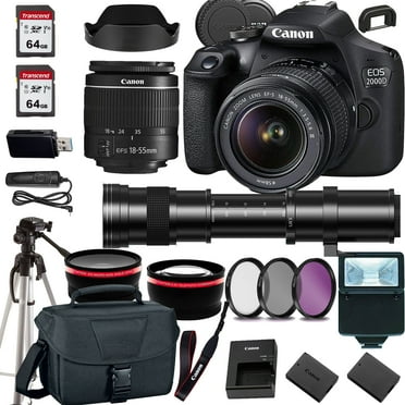 Canon EOS 2000D (Rebel T7) DSLR Camera w/Canon EF-S 18-55mm F/3.5-5.6 Zoom Lens 420-800mm HD Telephoto Zoom lens case 128Memory Cards (24PC)