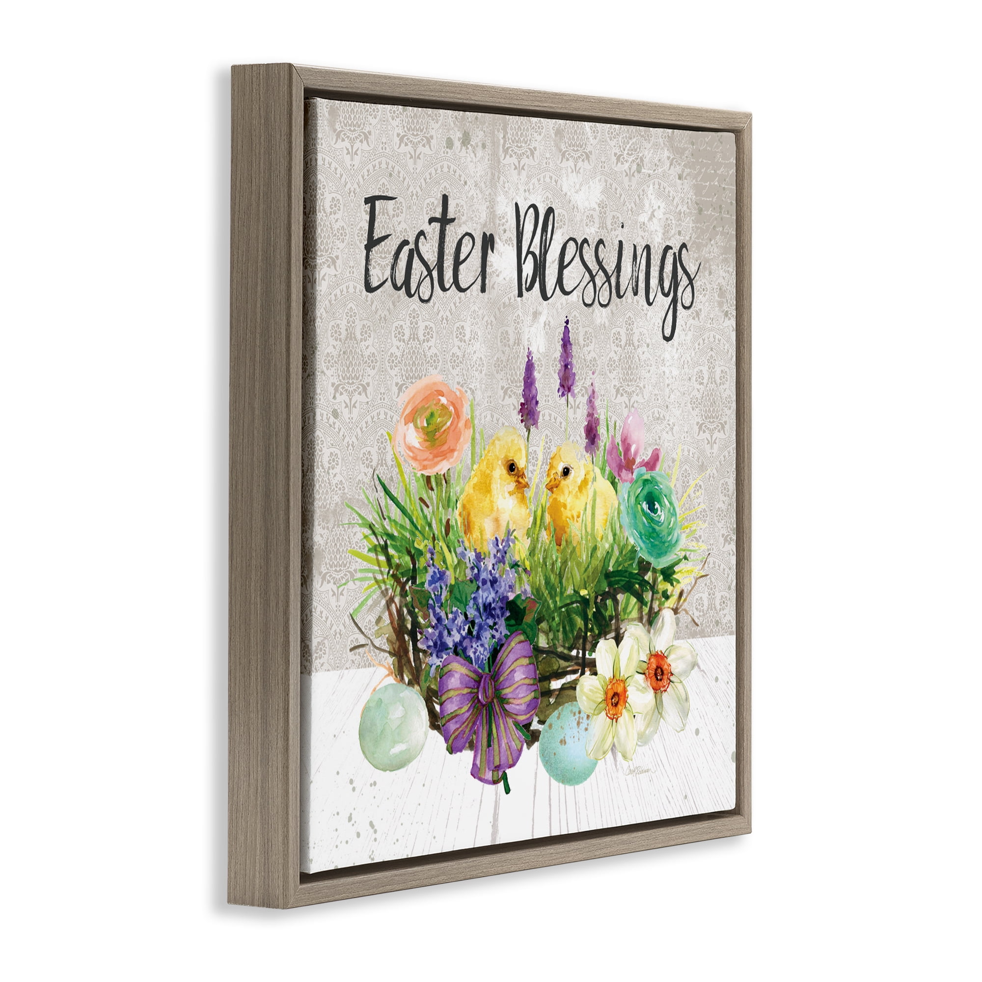 Stupell Industries Easter Blessings Basket of Flowers Brown Framed Floater Canvas Wall Art, design by Carol Robinson