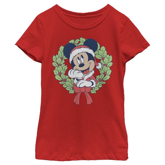 Girl's Mickey & Friends Mickey Mouse Christmas Wreath  Graphic Tee Red Medium
