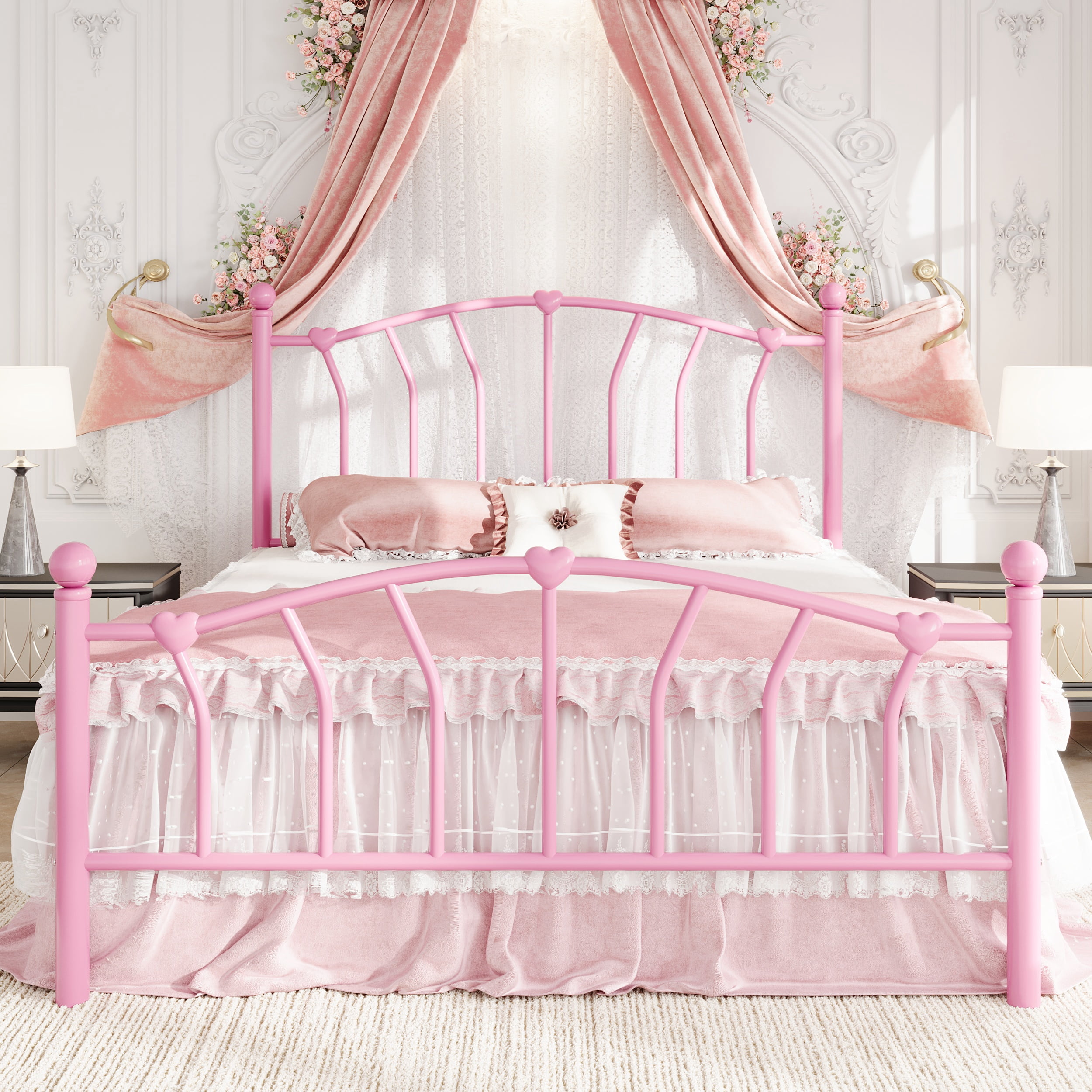 Amolife Full Bed Frame, Metal Platform Bed with Heart-Shaped Headboard and Footboard, 12.6'' Under-Bed Storage Space, No Box Spring Needed, Pink