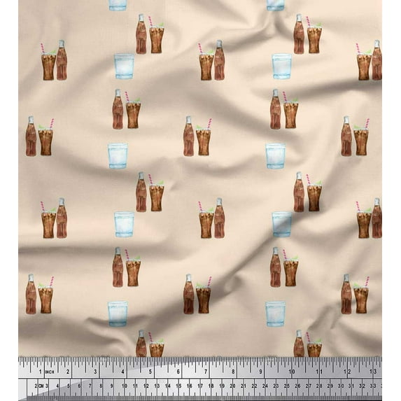 Soimoi White Japan Crepe Satin Fabric Bottle & Glass Kitchen Print Sewing Fabric Yard 42 Inch Wide