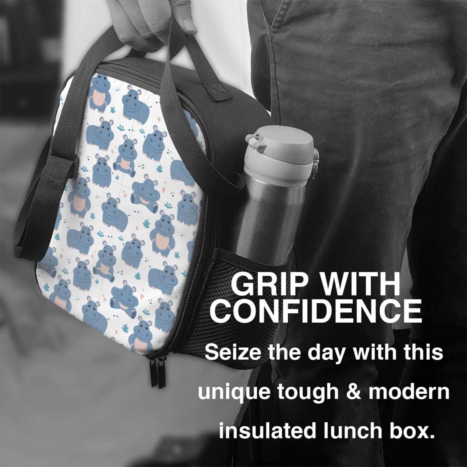 Defioc Cute Hippos Print Lunch Box for Men & Women, Insulated Lunch Bag Thickened Thermal Leakproof Lunch Tote Bag for Adult Office Travel Picnic
