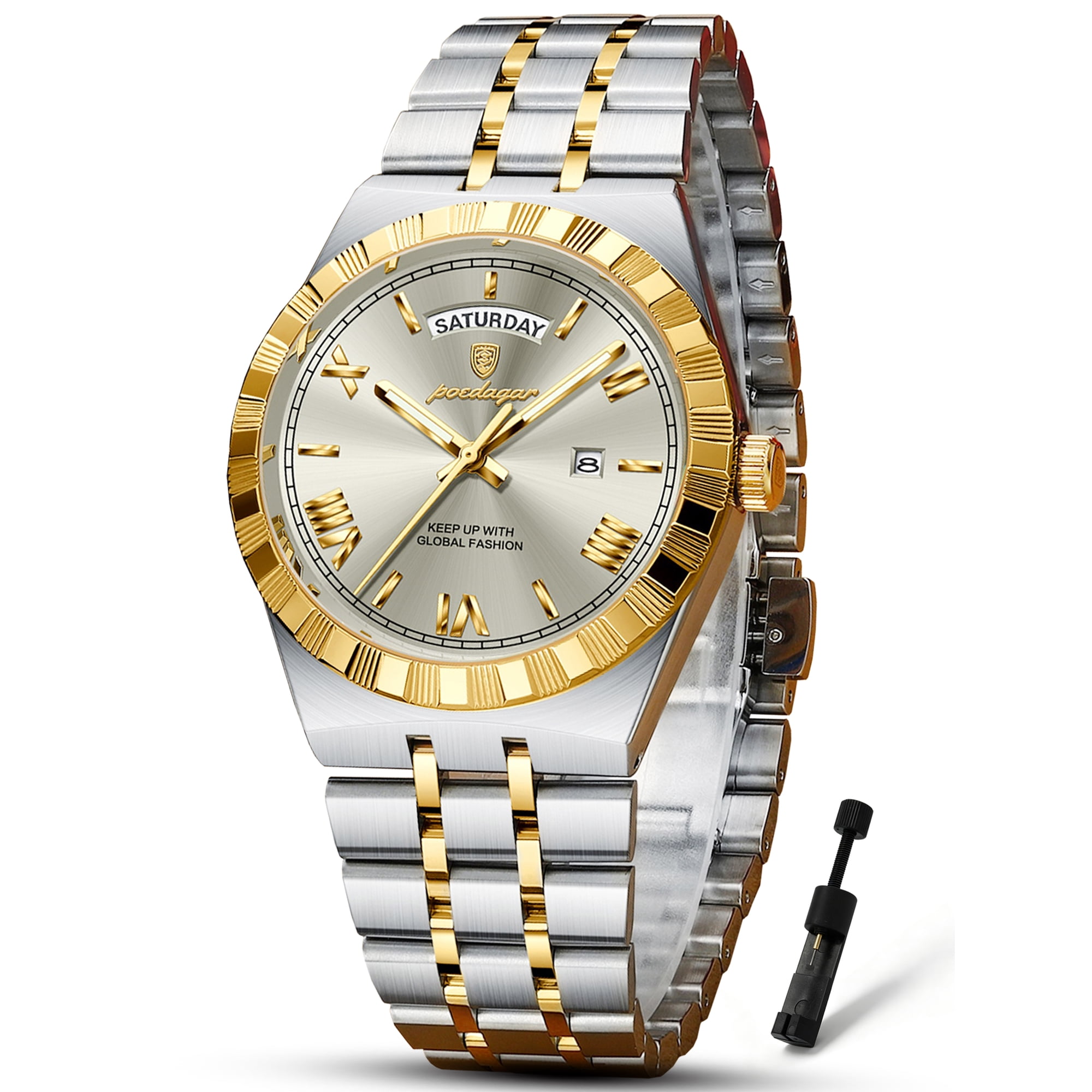 POEDAGAR Men’s Luxury Quartz Wrist Watch, Waterproof Luminous, Date‑Week Display, Stainless Steel Strap