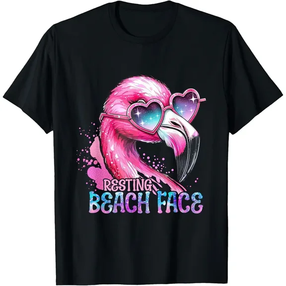 Women's Funny Pink Flamingo Resting Beach Face T-Shirt