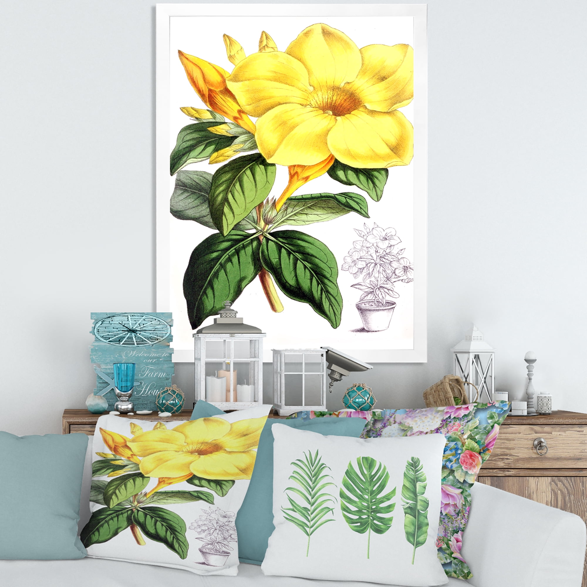 Designart 'Green Leaves With Tropical Yellow Flowers II' Traditional Framed Art Print
