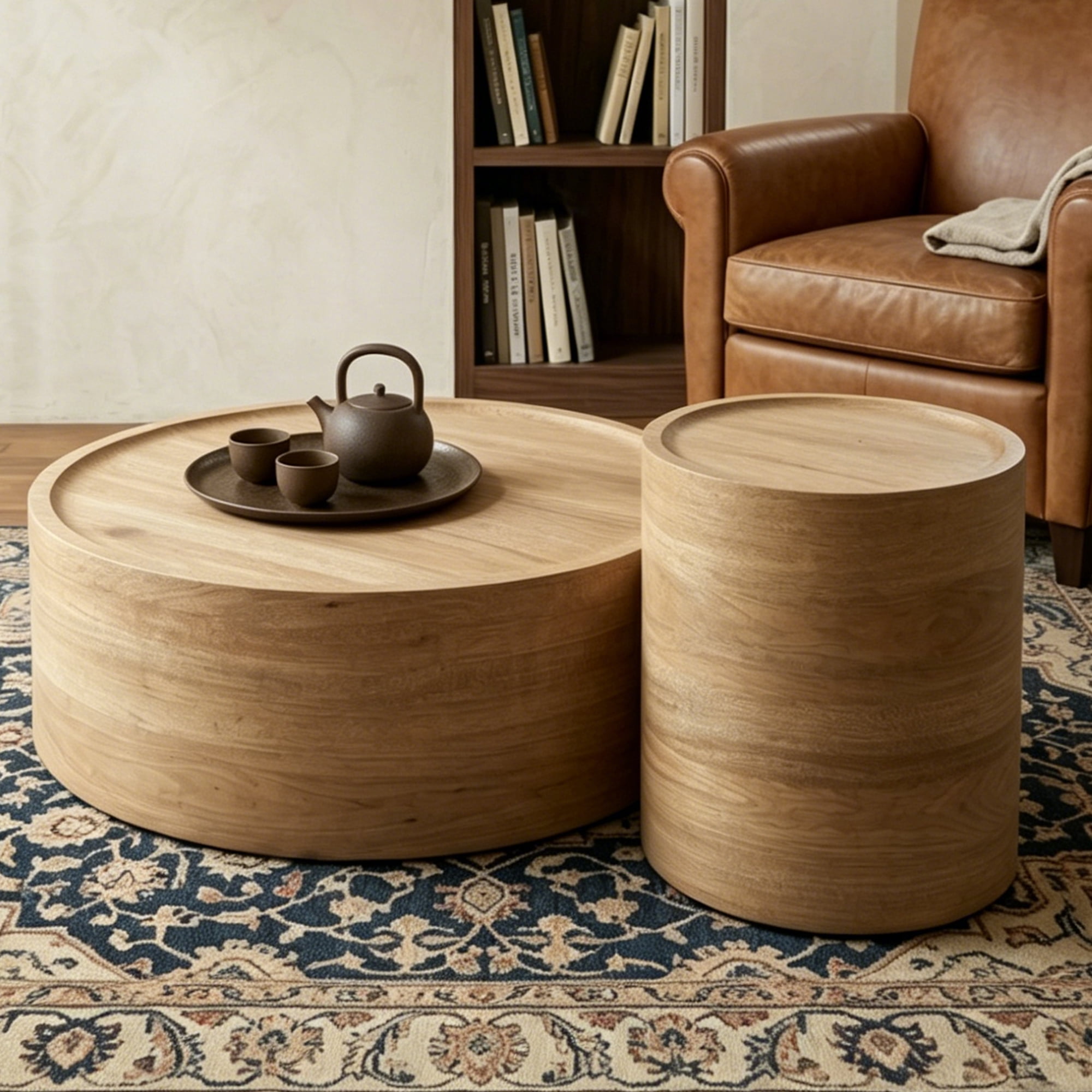 Leumius Round Coffee Table with Natural Wood Grain, Modern Drum Circle Coffee Table for Living Room Bedroom, No Need Assembly Natural 2