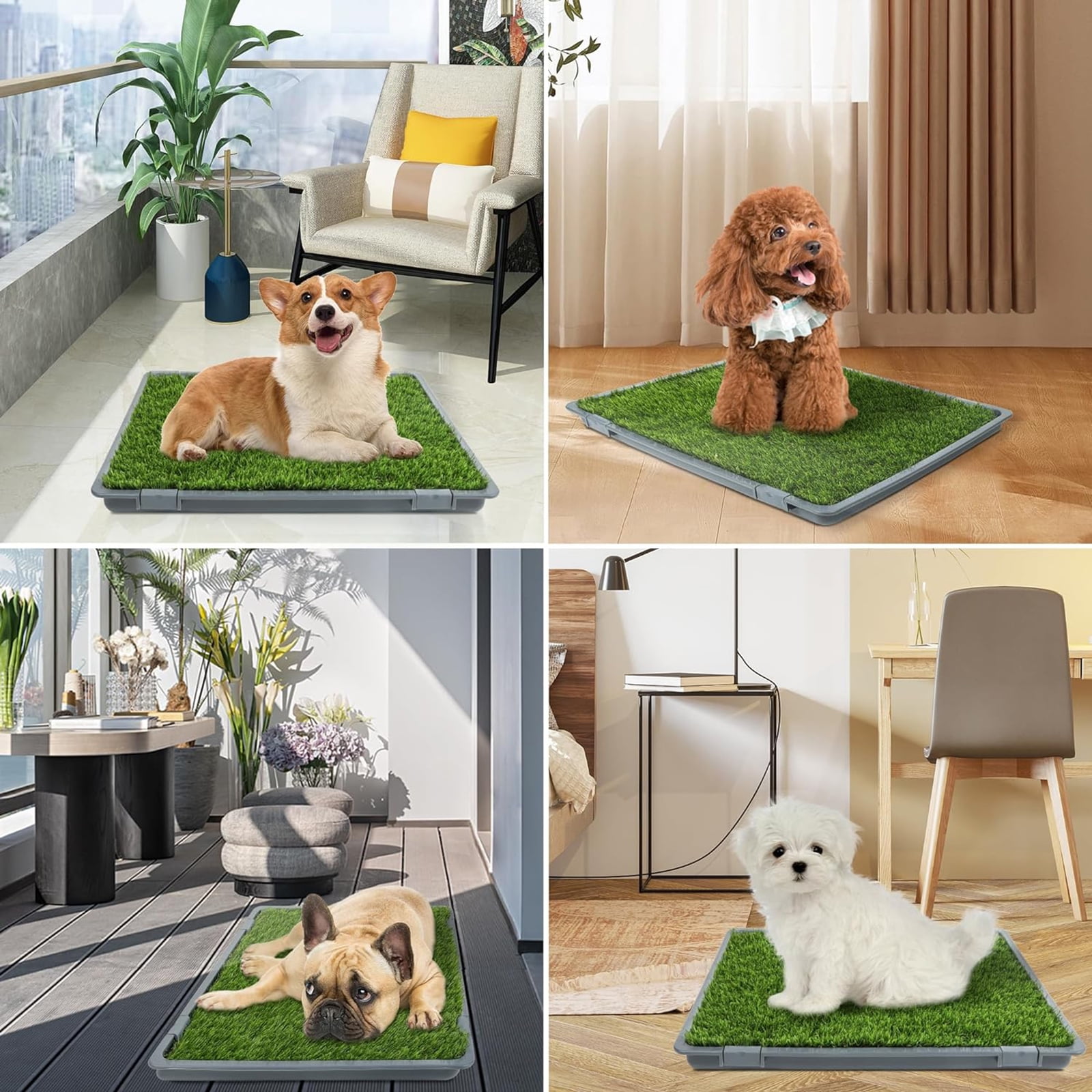 Dog Grass Pad with Tray,Reusable Training Pad with Replaceable Artificial Grass,Quick Absorbent Indoor Portable Dog Patio Potty,Washable Pee Pad For Puppy (Gray Tray + 2 Grass Pads for Replacement)
