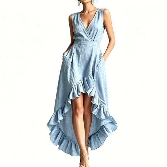 Women's Wrap V-Neck Dresses Sleeveless Maxi Dress with Ruffle Hem Flowy Casual Office High-Low Sundress Light Blue S