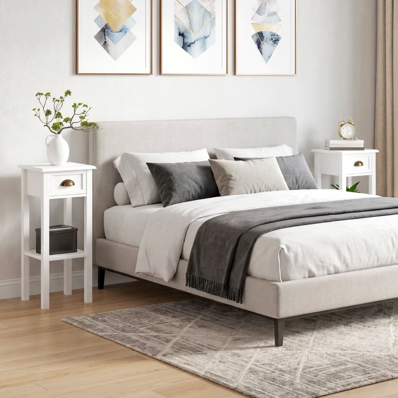 HOQBN 2-Tier Side Tables Set of 2 with Drawer and Shelf, 2-Piece Bedside Table Set for Living Room and Hallway, White