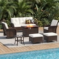 thumbnail image 2 of Sunmthink 7-Piece Patio Furniture Set, High Back Swivel Rocker Chairs with Thick Cushions, Wicker Rattan Outdoor Sectional Sofa with Fire Pit & Ottoman, Beige, 2 of 7