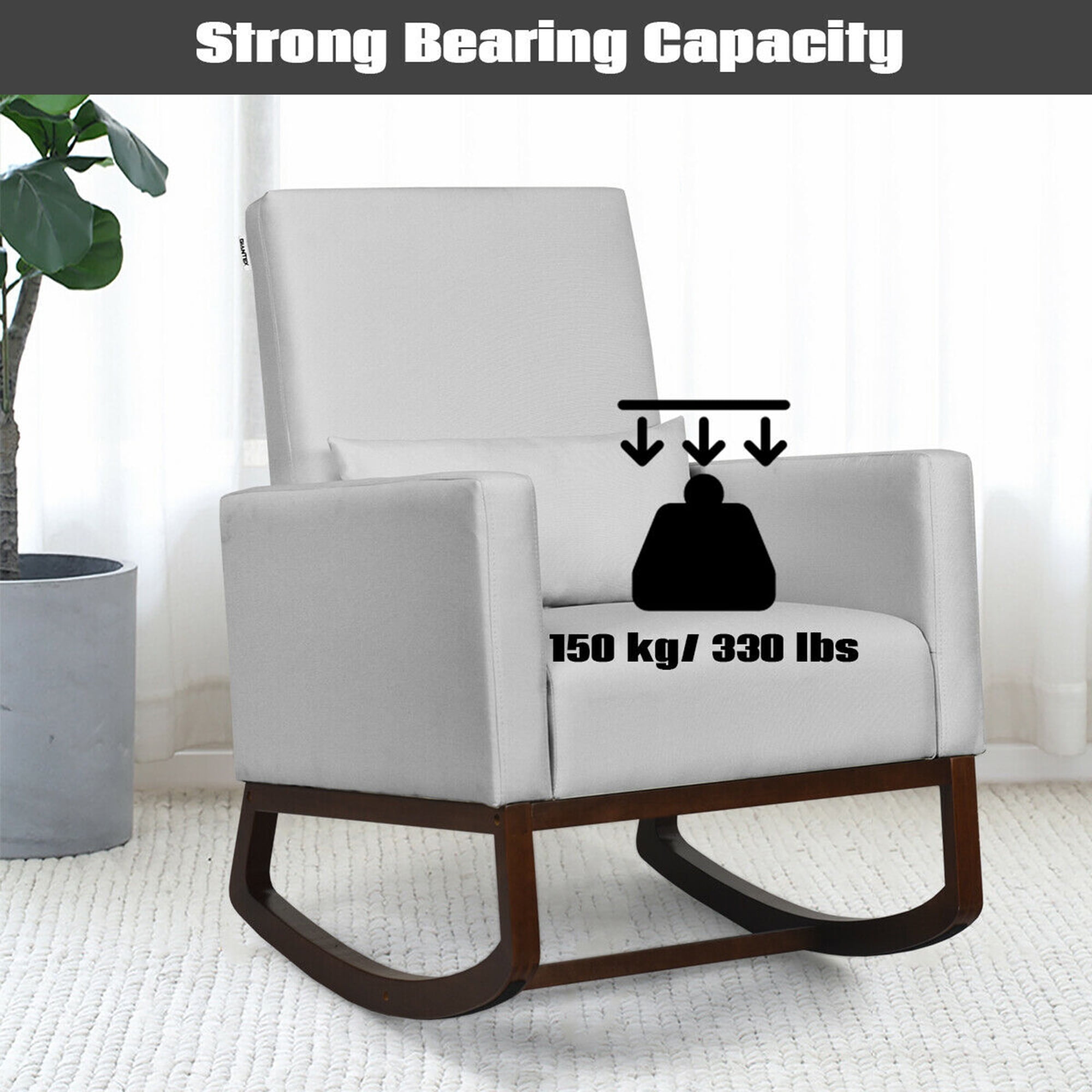Gymax 2-in-1 Upholstered Rocking Chair Fabric Nursery Armchair with Pillow Light Grey