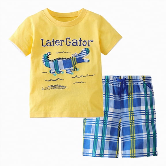 Linfrsh Toddler Boys Summer Outfits Toddler Baby Boy Clothes Summer Short Sleeve Construction Trucks Print T-Shirt Tops Solid Shorts Casual Outfit(Yellow,7-8 Years)