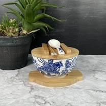 Blue Koi Fish Ramen Bowl Japanese Kamameshi Style Ceramic Rice Bowl Noodle Bowl with Bamboo Lid Tray Chopsticks, 24 fl oz Bowl, Gift Set, Home Living Gift, Idea, Bowl for Udon