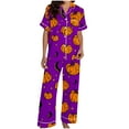 thumbnail image 4 of Tnhcen Women's Halloween Pajama Set 2-Piece Pumpkin Print Button Up Shirt Elastic Waist Pants Comfortable Sleepwear S-3XL Multiple Colors Available Purple, 4 of 5
