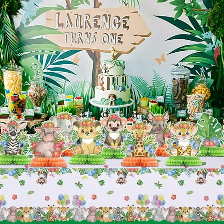 

9 Pcs Jungle Animals Honeycomb Centerpieces and 3 Pieces Jungle Safari Tablecloths Green Sage Baby Shower Decorations Jungle Themed Birthday Party Supplies for Boys Kids Girls Forest Safari Party Supp