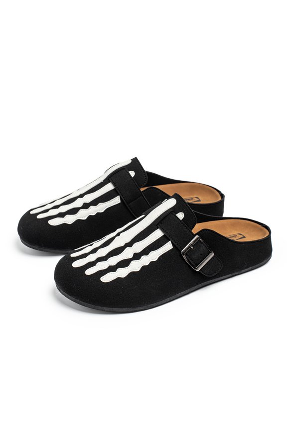Men Skeleton Pattern Buckle Strap Mule Slippers Flat Casual Shoes