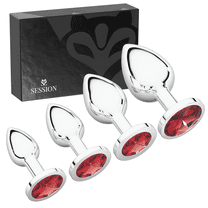 Session Butt Plugs, 4-Piece Training Set, Anal Plug Toys, Stainless Steel Jewel Charm, Silver & Red, Circle Shape