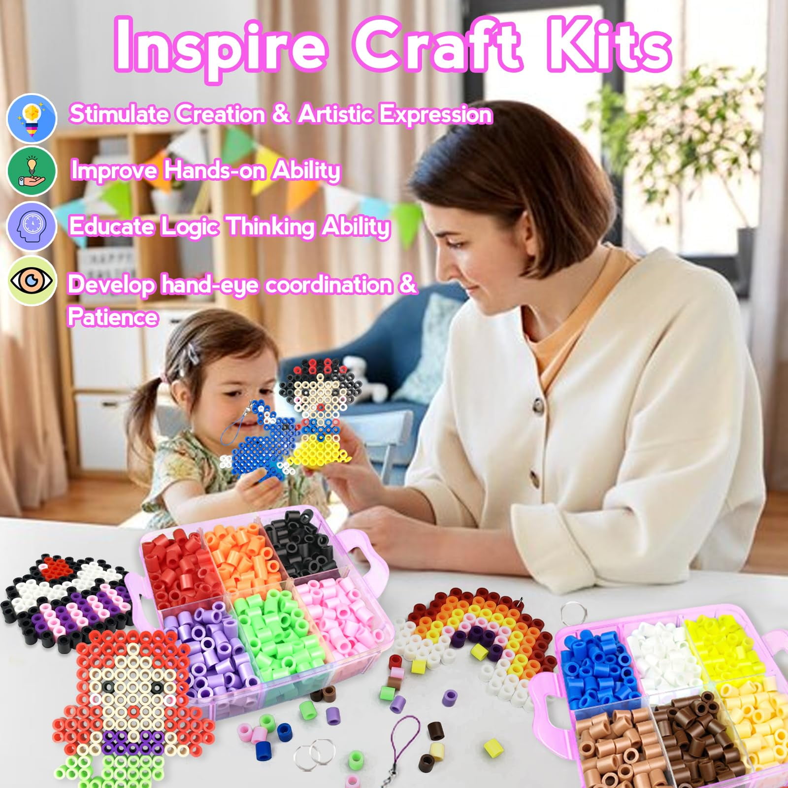 10mm Large Fuse Beads Kit– 12 Colors XL Set with Storage Box, Ironing Papers, Pegboards, Booklet, DIY Art Craft Gift for Girls & Boys Age 3+, for Birthday, Christmas, Available in Blue, Red, or White