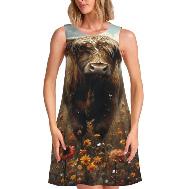 Disketp Grassland Sunflower Cow para Vestido sin Mangas para Mujeres, Vestidos de Verano para Mujeres, Casual y Holgado para la Playa