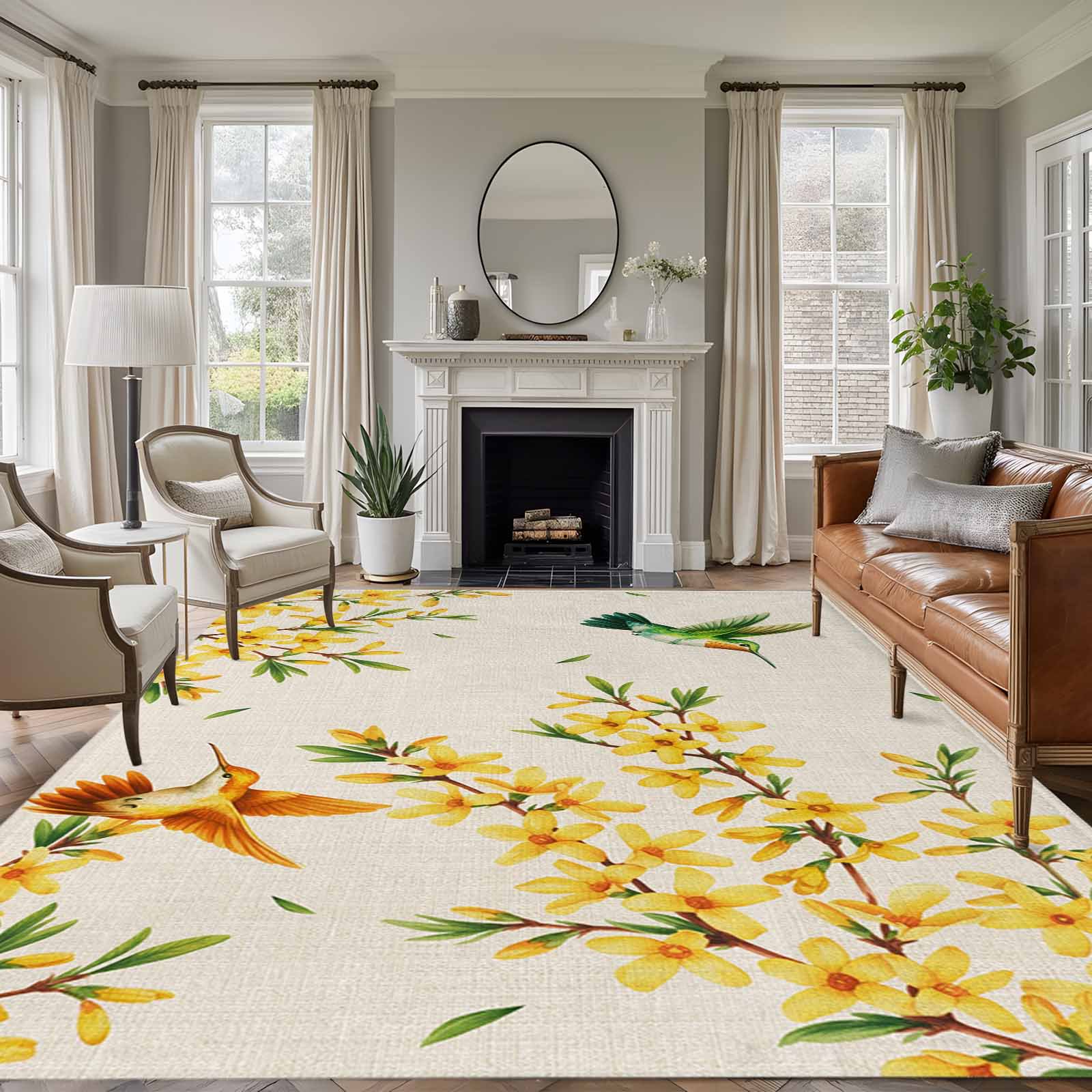 Rectangle Area Rugs 6 x 9 Ft, Spring Floral Non-Slip Residential Carpet, Watercolor Forsythia Flowers Hummingbirds Beige Indoor Crawling Mats Runner Rugs for Living Room/Dining Room/Bedroom