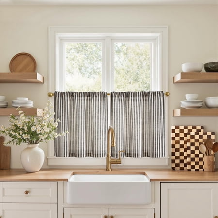 Striped Linen Kitchen Curtains 36 Inch Tier Panels Farmhouse Modern Cafe Style Small Window Treatments Light Filtering Rod Pocket 2 Panels Blue