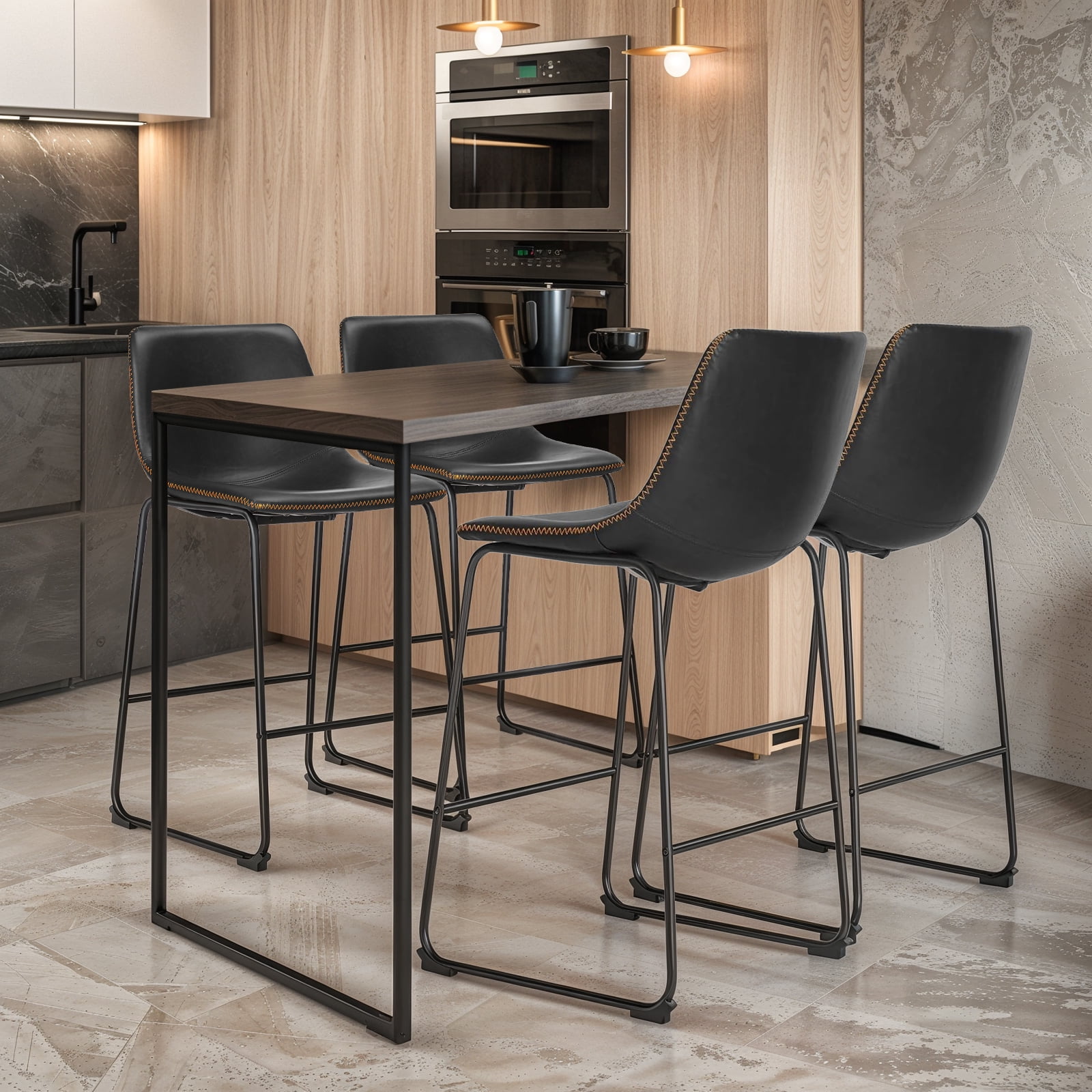 6-Pack Indoor Counter Bar Stools, Modern Metal Faux Leather Barstools, Brown, 26 inch