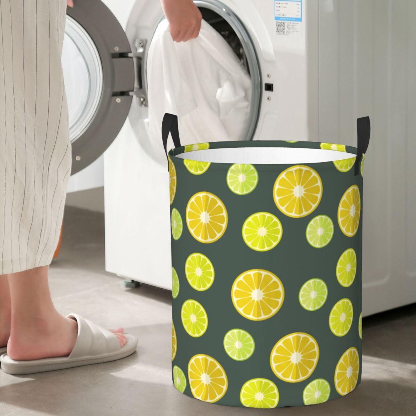 Large Laundry Basket with Handles - Green Yellow Lemon Kids Baby Dirty Clothes Laundry Hamper for Bedroom Aesthetic