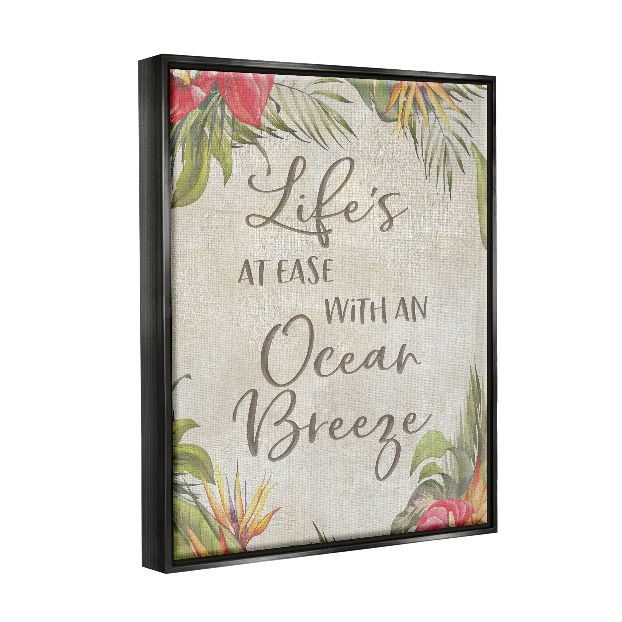 Stupell Industries Tropical Ocean Breeze Floral Border Summer Phrase Graphic Art Luster Gray Floating Framed Canvas Print Wall Art, Design by CAD Designs